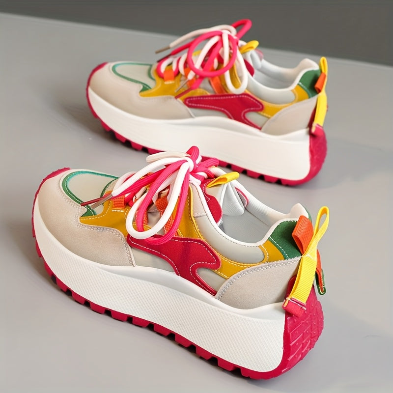 YTMLDY Women'S Fashion Sneakers - Colorful Striped Low Top Lace-Up Shoes with Thick PVC Sole, Breathable Fabric Lining, and Durable Outsole for All-Day Comfort, Casual Sneakers|Vibrant Pattern Shoes|Flexible PVC Sole